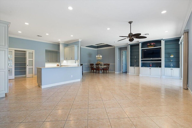 unfurnished living room featuring crown molding, light tile patterned floors, built in shelves, and ceiling fan