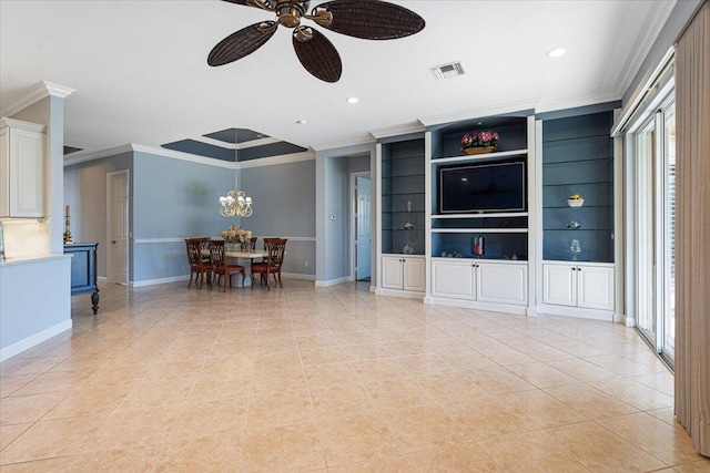 living room featuring light tile patterned flooring, ornamental molding, and ceiling fan with notable chandelier