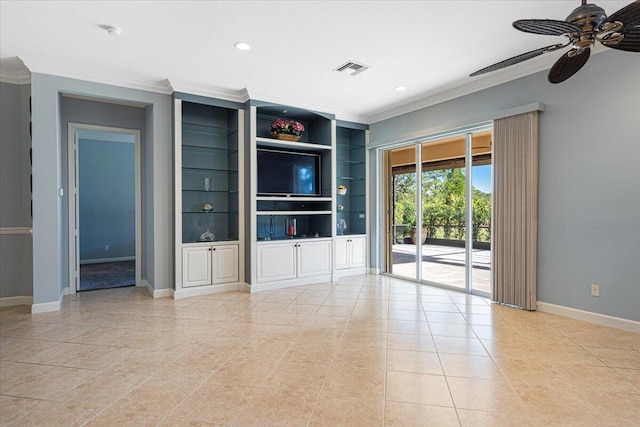 unfurnished living room featuring ceiling fan, ornamental molding, built in features, and light tile patterned floors