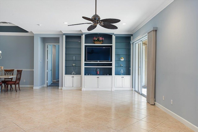 living room featuring built in shelves, ceiling fan, ornamental molding, and plenty of natural light