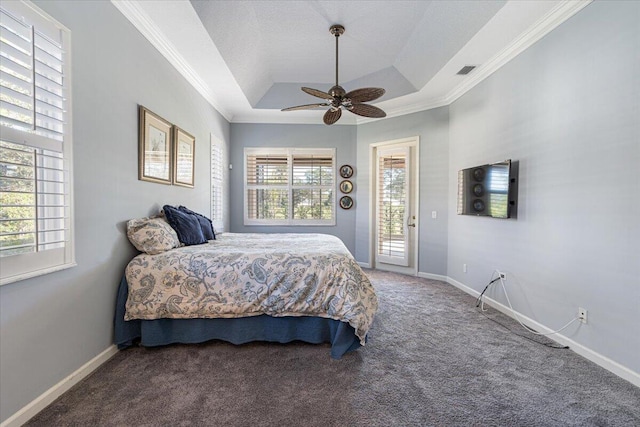 bedroom featuring a raised ceiling, carpet, access to exterior, and multiple windows