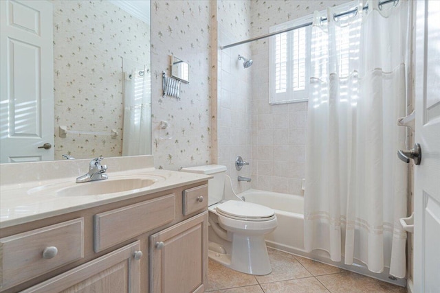 full bathroom with vanity, ornamental molding, shower / tub combo, toilet, and tile patterned floors