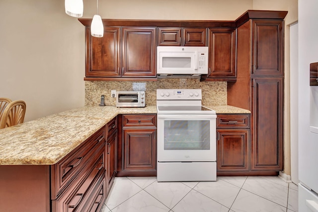 kitchen with decorative light fixtures, kitchen peninsula, decorative backsplash, white appliances, and light tile patterned floors