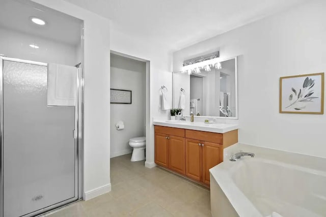 full bathroom featuring plus walk in shower, vanity, and toilet