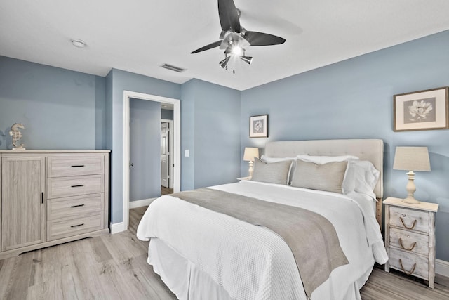 bedroom with ceiling fan and light hardwood / wood-style flooring