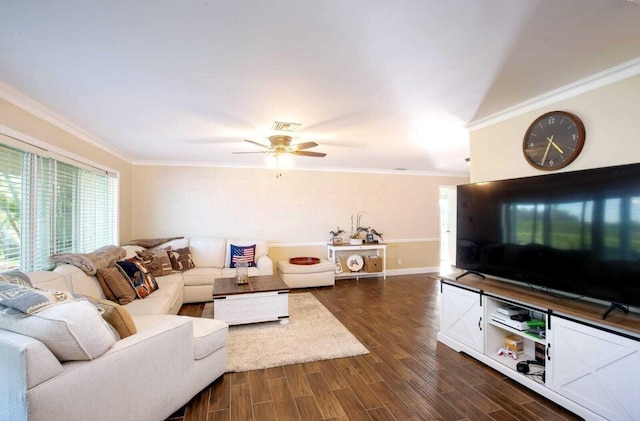 living room with ceiling fan, dark hardwood / wood-style floors, and ornamental molding