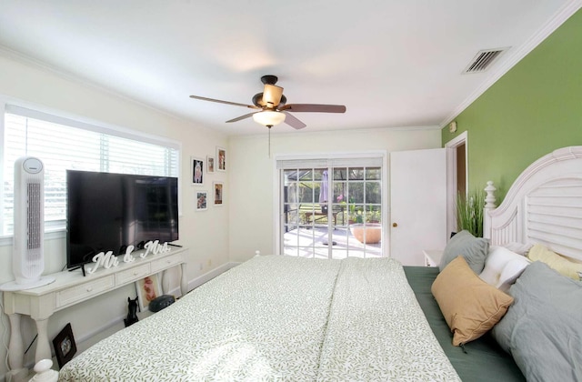 bedroom with access to outside, multiple windows, ceiling fan, and ornamental molding