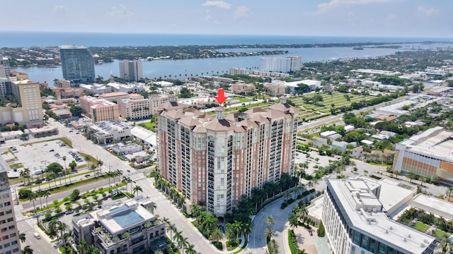 aerial view featuring a water view