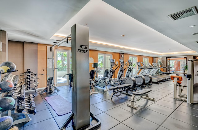 exercise room with a raised ceiling