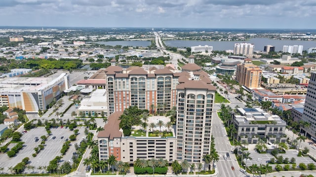 bird's eye view with a water view