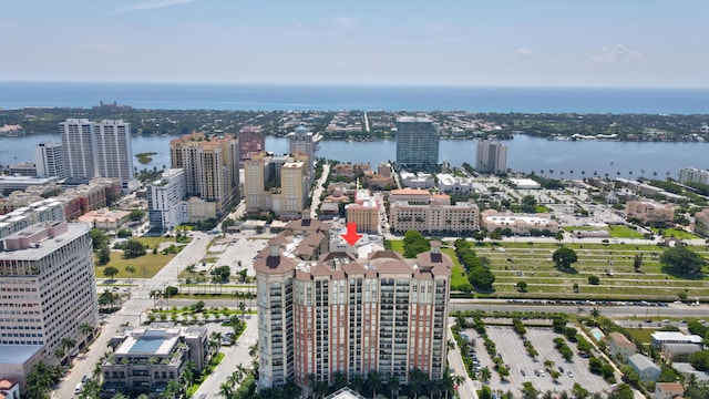 bird's eye view with a water view