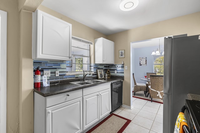 kitchen with sink, refrigerator, white cabinetry, black dishwasher, and decorative backsplash