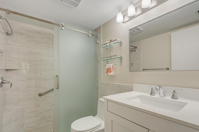 bathroom with vanity, toilet, tile walls, and walk in shower