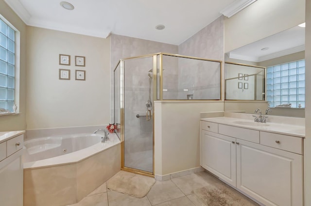 bathroom featuring tile patterned floors, vanity, and independent shower and bath