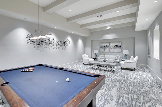 game room with carpet floors, beamed ceiling, and billiards