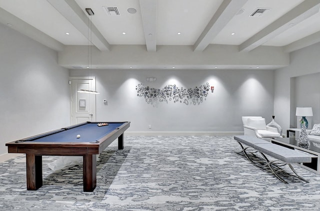 playroom with beam ceiling and billiards