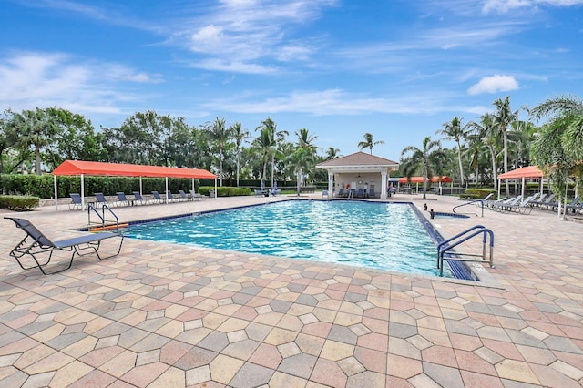 view of swimming pool featuring a patio area