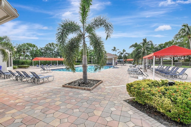 view of swimming pool featuring a patio area