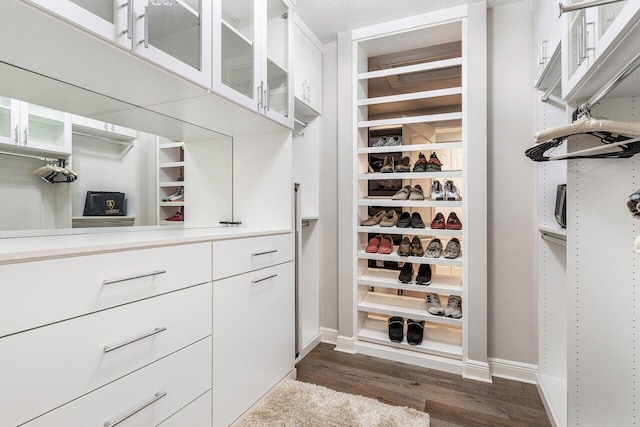 spacious closet with dark hardwood / wood-style floors