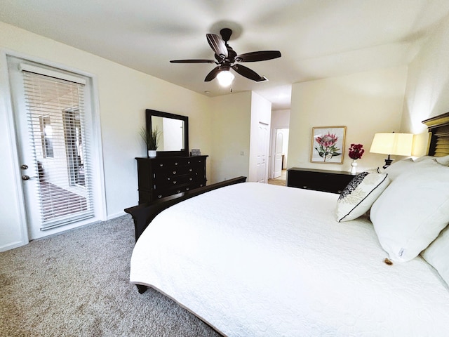 bedroom featuring baseboards, carpet, a ceiling fan, and access to exterior