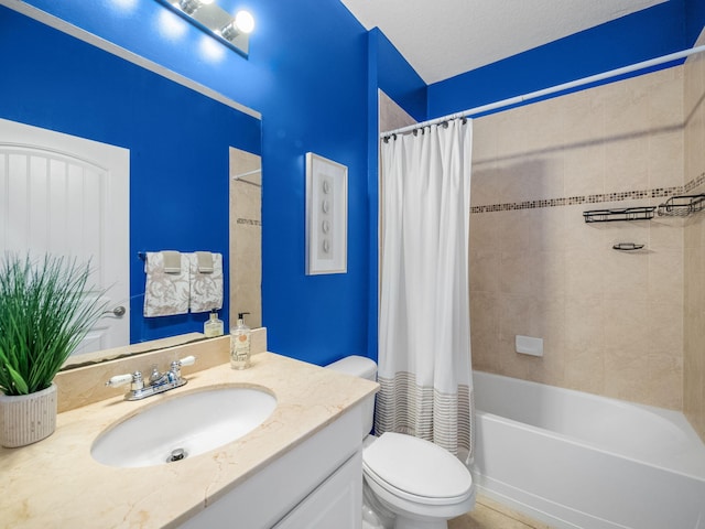 bathroom with shower / tub combo with curtain, vanity, toilet, and a textured ceiling