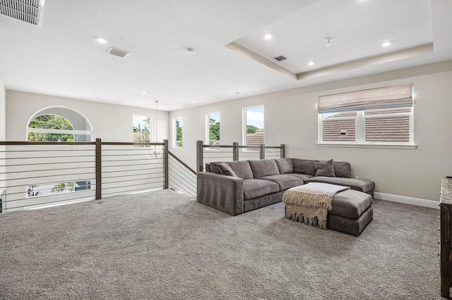 carpeted living room with a textured ceiling, a raised ceiling, and a wealth of natural light