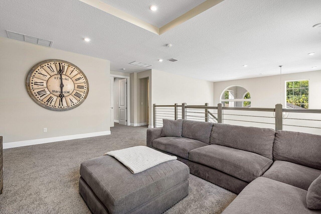 living room with carpet and a textured ceiling