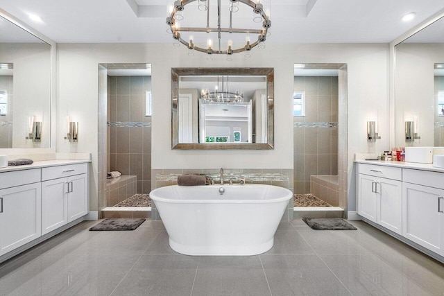 bathroom featuring separate shower and tub, tile patterned flooring, and tile walls