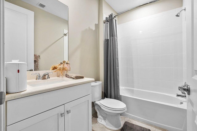 full bathroom with toilet, vanity, and shower / tub combo with curtain