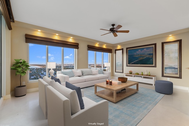 living room featuring ceiling fan