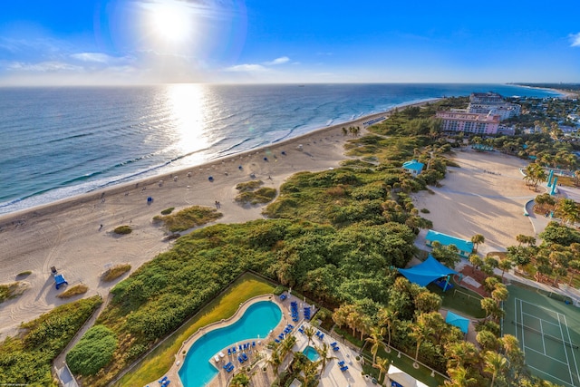 aerial view featuring a water view and a view of the beach