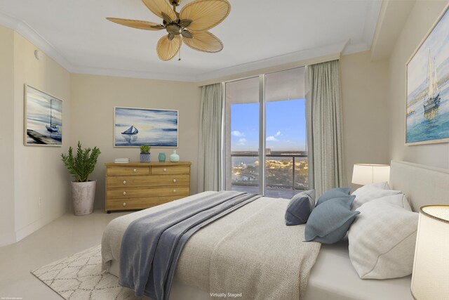 bedroom featuring ceiling fan, crown molding, and access to outside