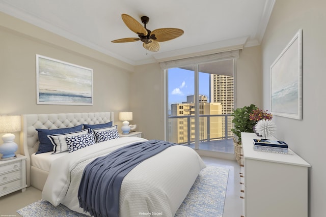 bedroom featuring ceiling fan, ornamental molding, access to outside, and multiple windows