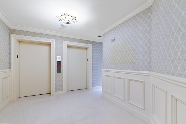 hallway featuring elevator and crown molding