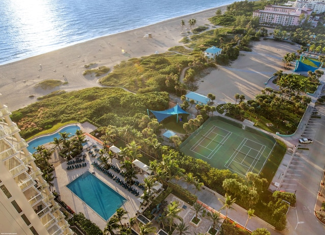 bird's eye view with a beach view and a water view