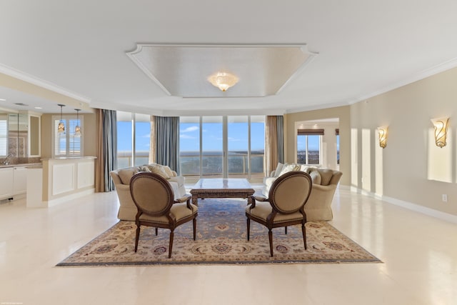 living room with plenty of natural light, floor to ceiling windows, a raised ceiling, and crown molding