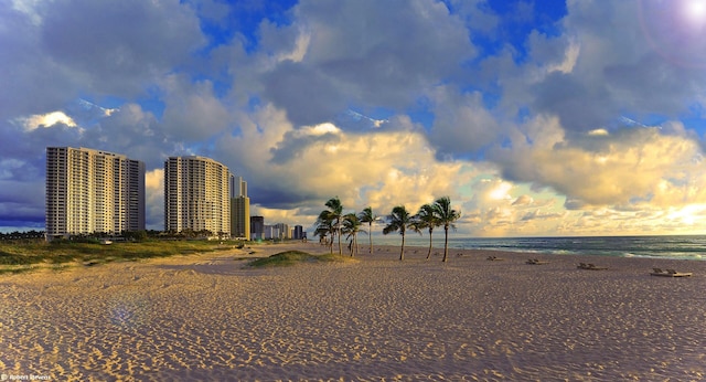 view of community featuring a water view and a view of the beach