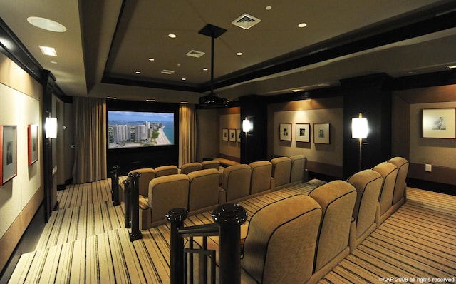 carpeted cinema with a raised ceiling