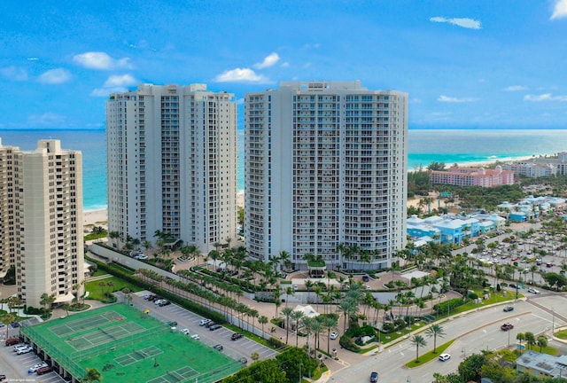 bird's eye view with a view of the beach and a water view