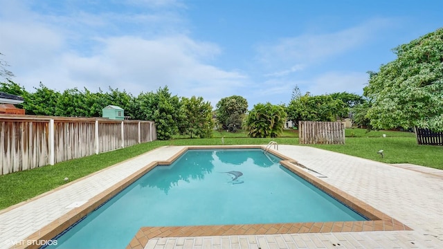 view of pool featuring a yard