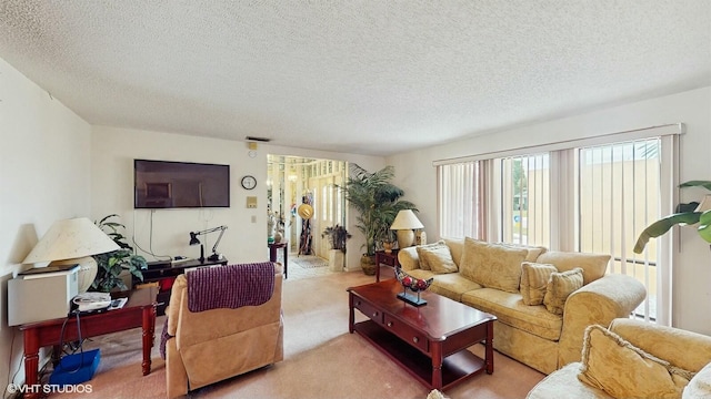 living room featuring light carpet and a textured ceiling