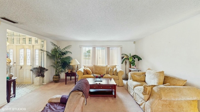 living room with carpet floors and a textured ceiling