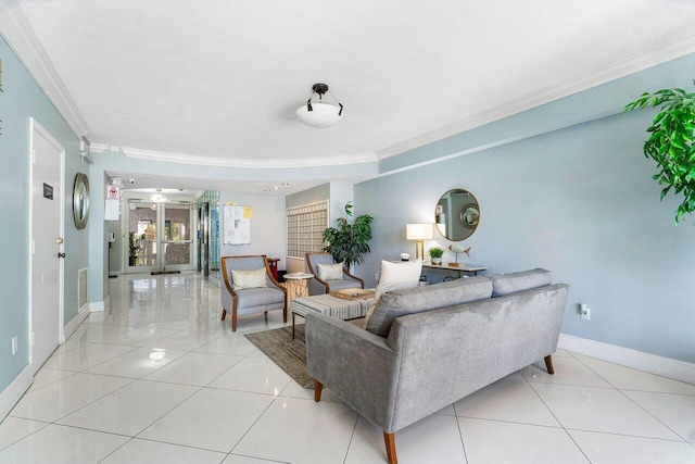 living room with light tile patterned floors and crown molding