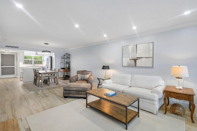 living room featuring light hardwood / wood-style flooring and ornamental molding