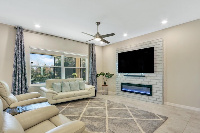 tiled living room with ceiling fan