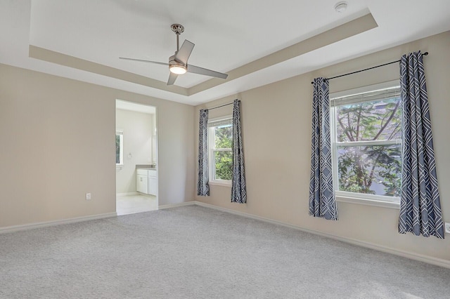 carpeted empty room featuring a raised ceiling and a healthy amount of sunlight