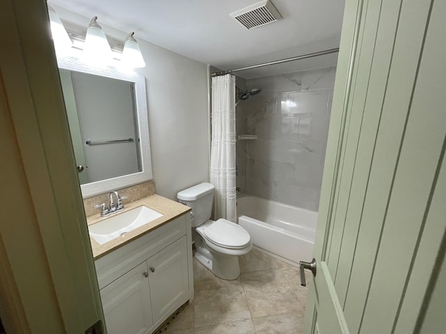 full bathroom with vanity, shower / bath combination with curtain, and toilet