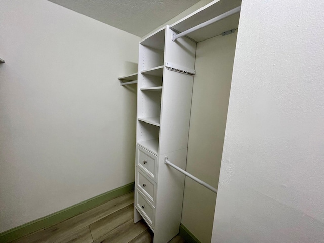 walk in closet with light hardwood / wood-style floors