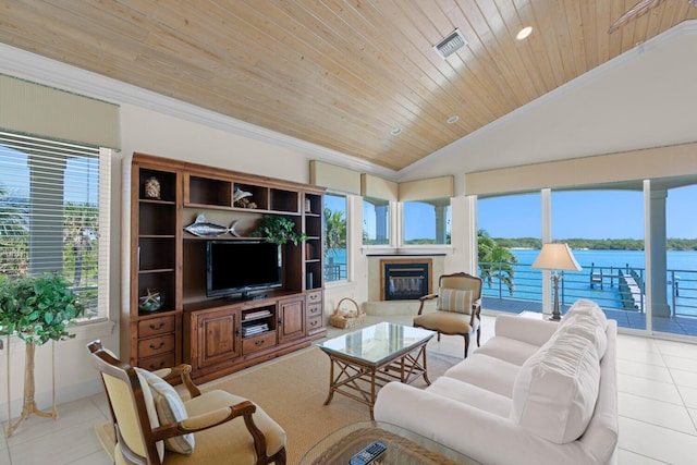 tiled living room with wooden ceiling, ornamental molding, and vaulted ceiling