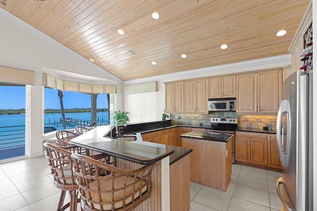 kitchen with appliances with stainless steel finishes, an island with sink, sink, a breakfast bar area, and a water view